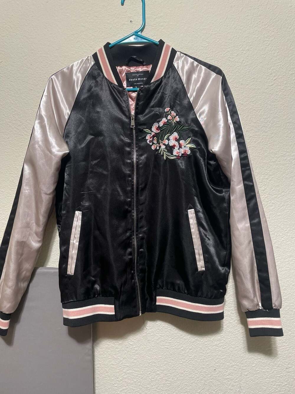 Vintage Haute Monde Black Satin Embroidered Phoenix Floral Bomber Jacket